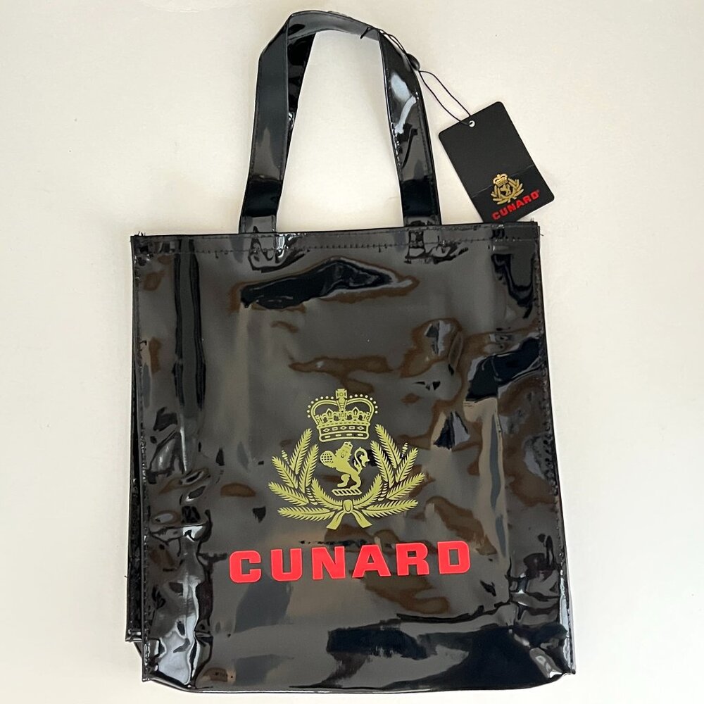 NWT Cunard Cruise Line Ship Glossy Black Patent Vinyl Tote Bag 13 in